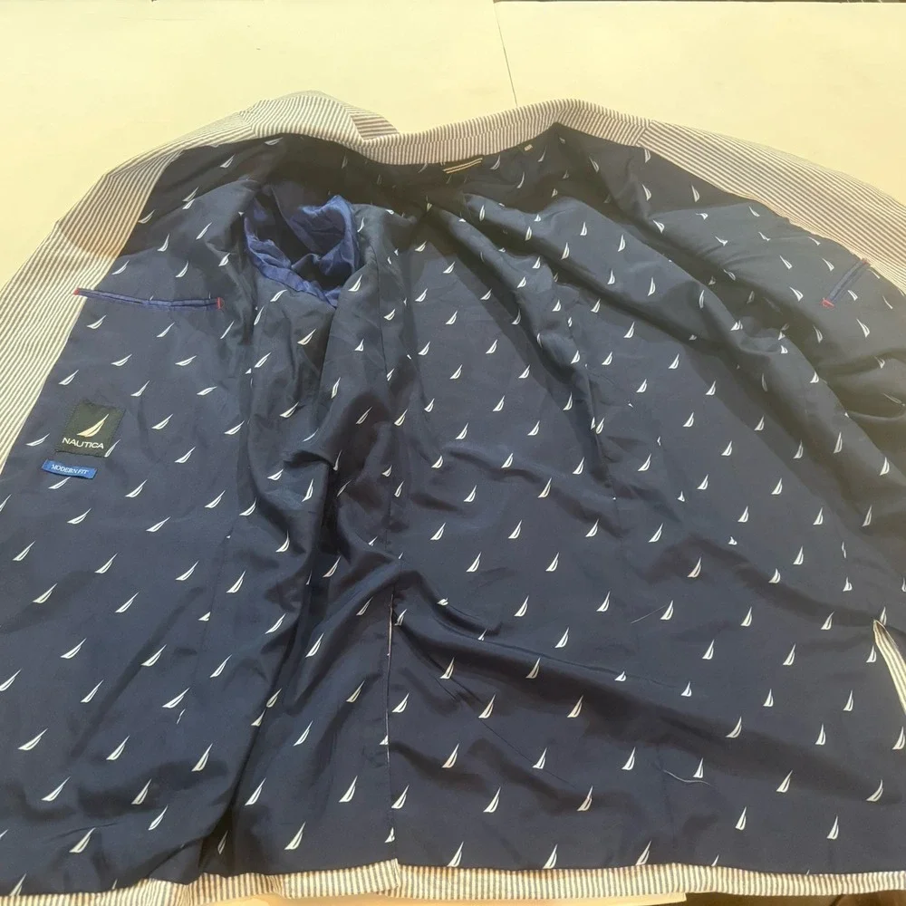 Nautica Mens Seersucker Striped Blazer Suit Jacket Blue White 48R  Preppy - Picture 10 of 12